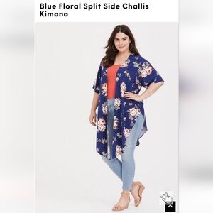 Torrid Blue Floral Split Side Challis Kimono Size 00/0